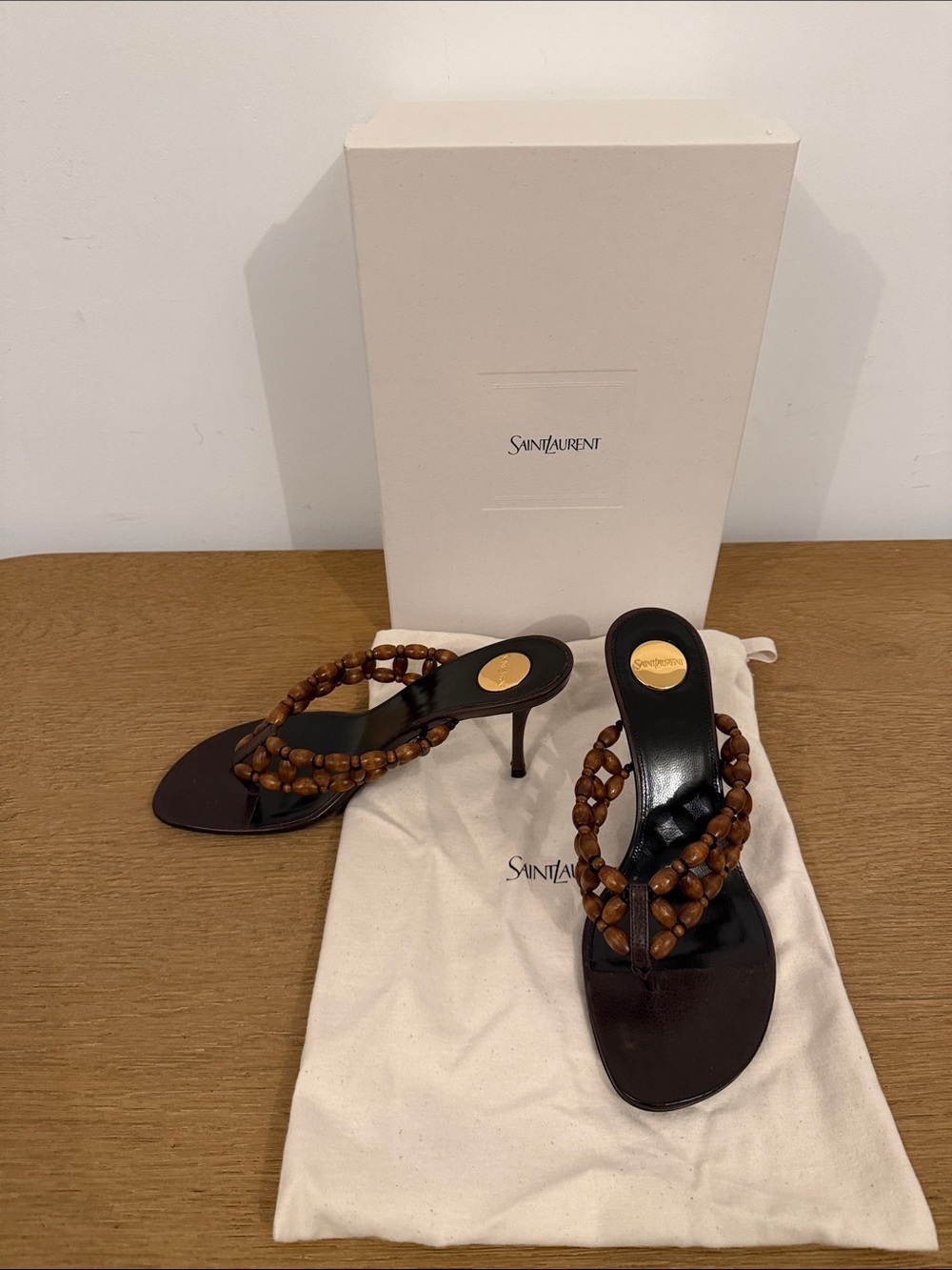 Saint Laurent Brown Beaded Leather Thong Sandals - Picture 2 of 4